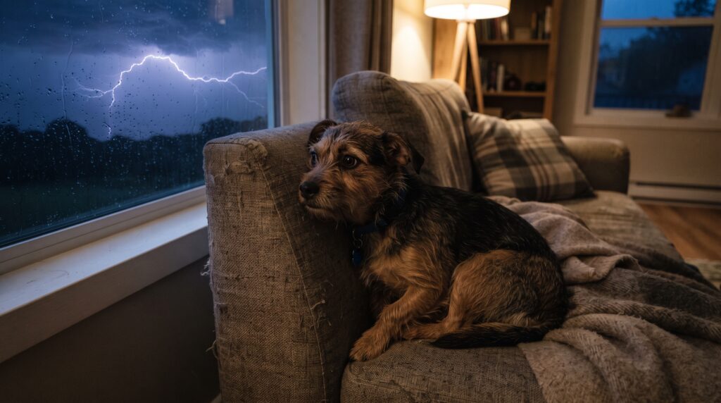 Anxious dog reacting to thunderstorm at home