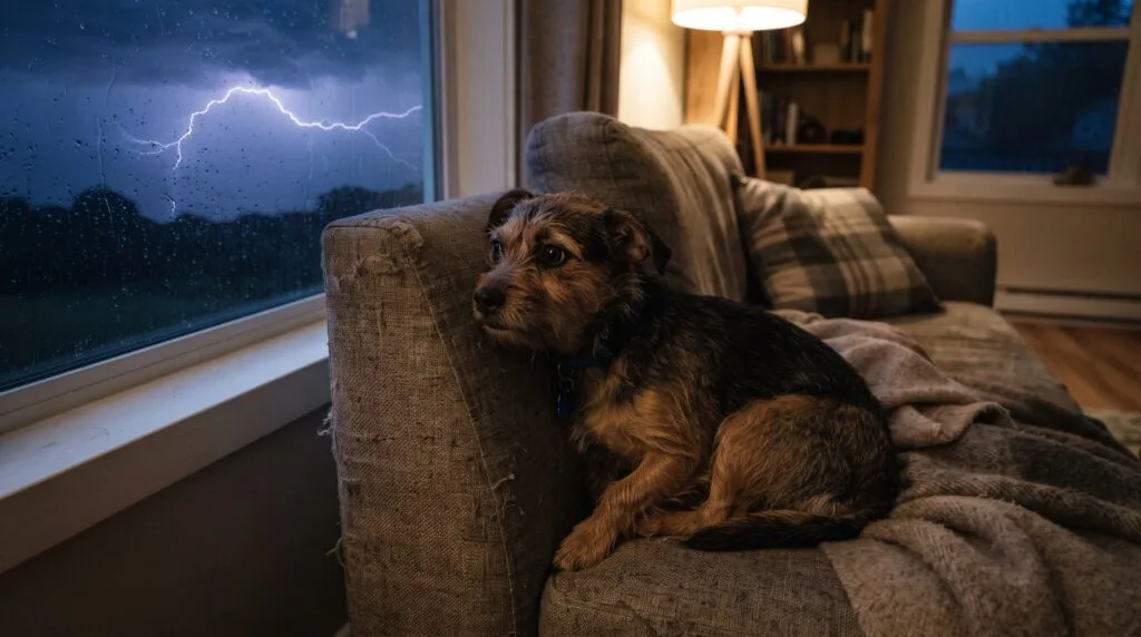 Anxious dog reacting to thunderstorm at home