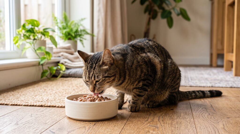 Cat eating a balanced meal as an example of healthy digestion