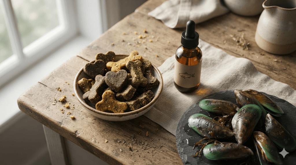 Common joint supplement ingredients including chews and fish oil for dogs