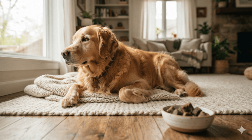 Golden retriever resting comfortably at home, supported by dog joint supplements