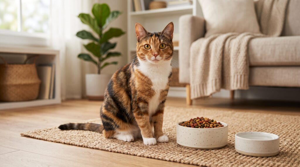 Healthy cat beside food bowl representing cat probiotics and digestive health