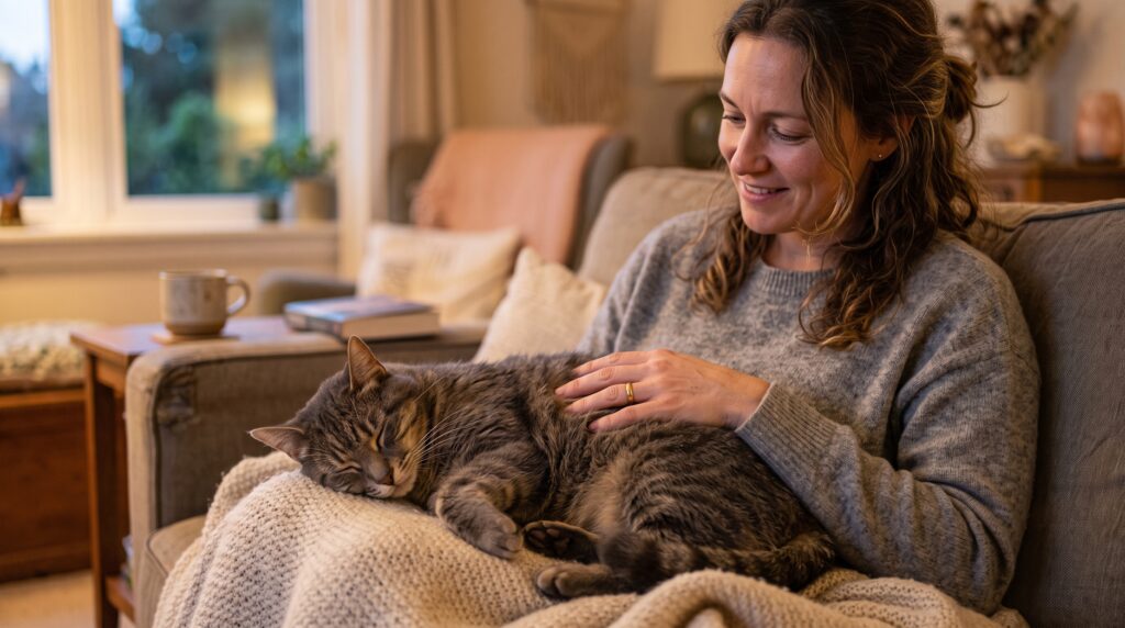 Healthy relaxed cat receiving attentive care from its owner