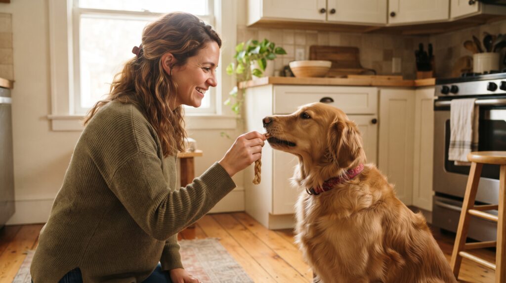 guide giving calming supplement to dog before a stressful event