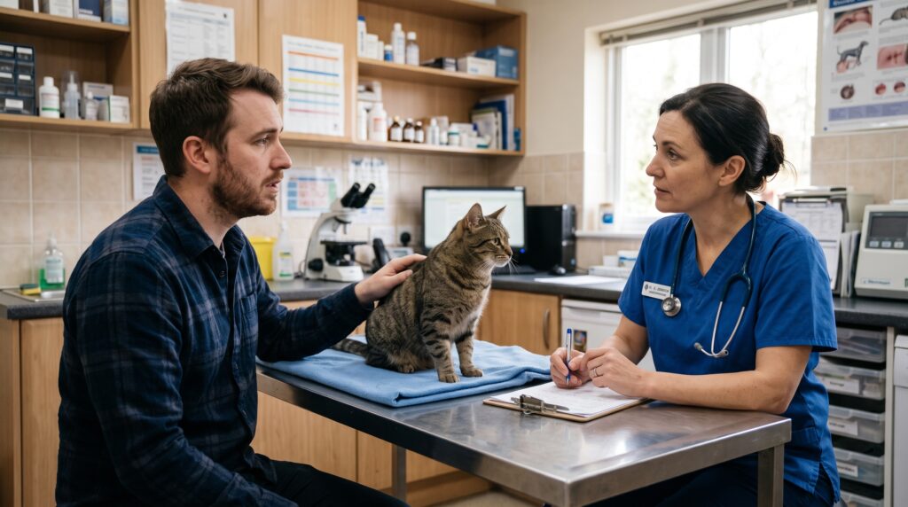 Owner mixing a cat probiotic supplement into wet food