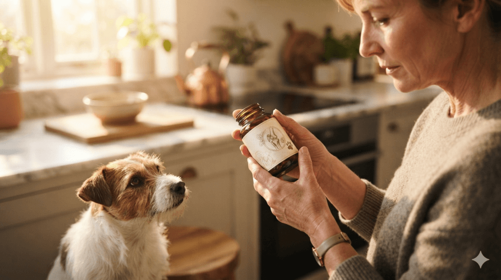 Pet owner reading a dog joint supplement label before choosing the right product