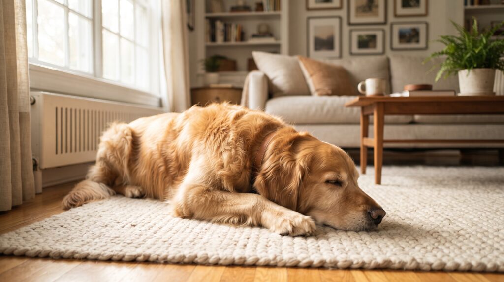 Relaxed dog resting calmly at home after using calming supplements for dogs