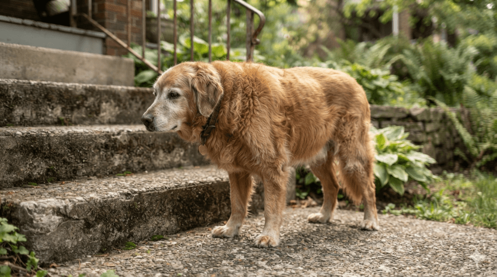 Senior dog hesitating on stairs, a common sign of joint stiffness