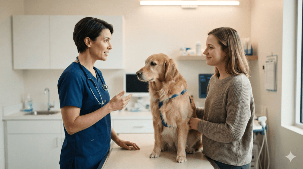 Veterinarian discussing joint health treatment options with a dog owner