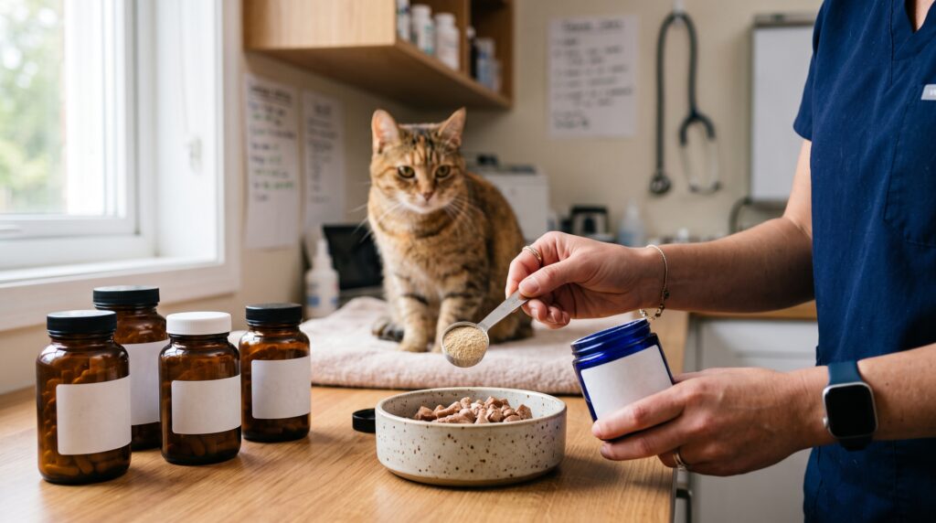 Veterinarian selecting an appropriate probiotic supplement for a cat