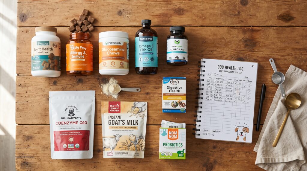 Assortment of dog wellness supplements and chews