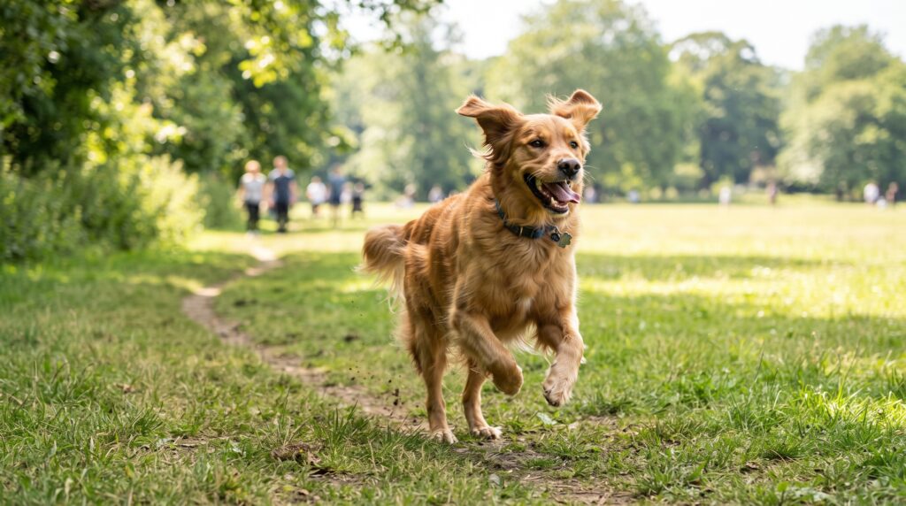 Healthy energetic dog running outdoors