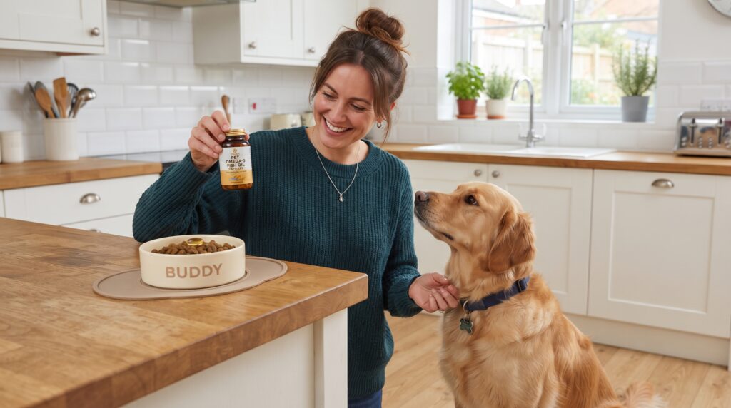 Dog owner holding omega-3 fish oil supplement bottle