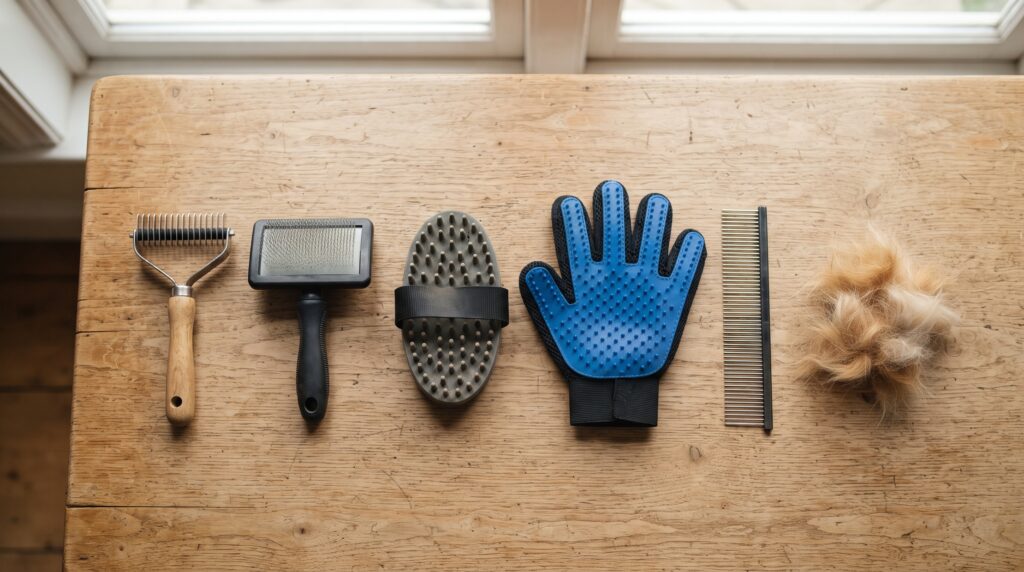 Collection of deshedding tools including a rake, slicker brush, glove and comb