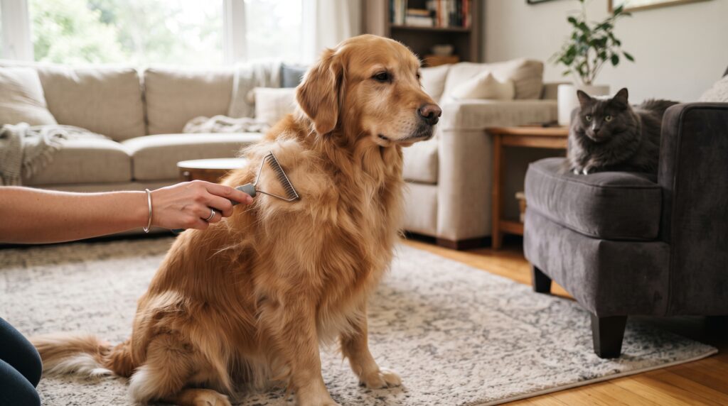 Golden retriever being groomed with an undercoat rake while a cat watches nearby