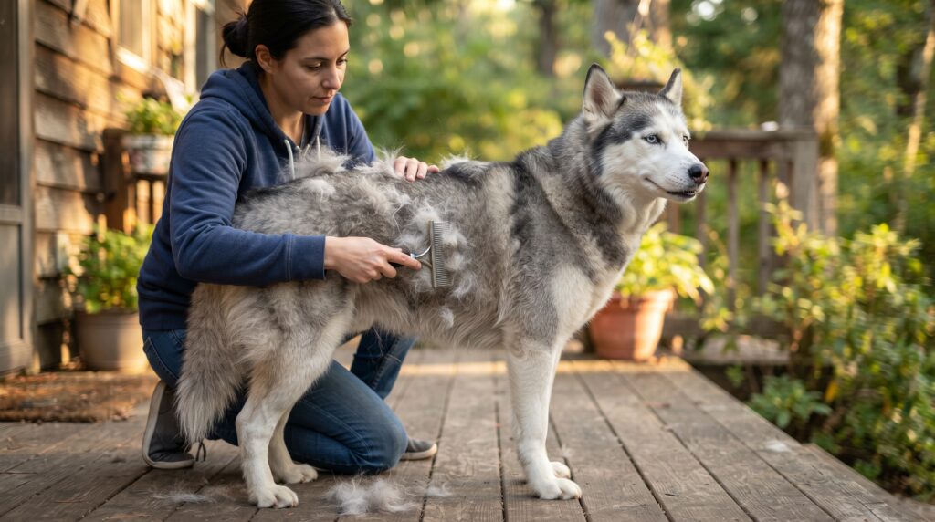 Husky having thick undercoat brushed out on a porch