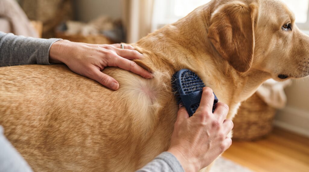 Maine Coon cat being brushed with a soft rubber grooming brush